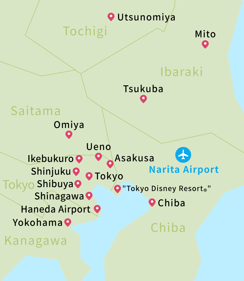 成田机场周边主要城市和观光地地图 主要城市和观光地一览表刊登在地图下面。